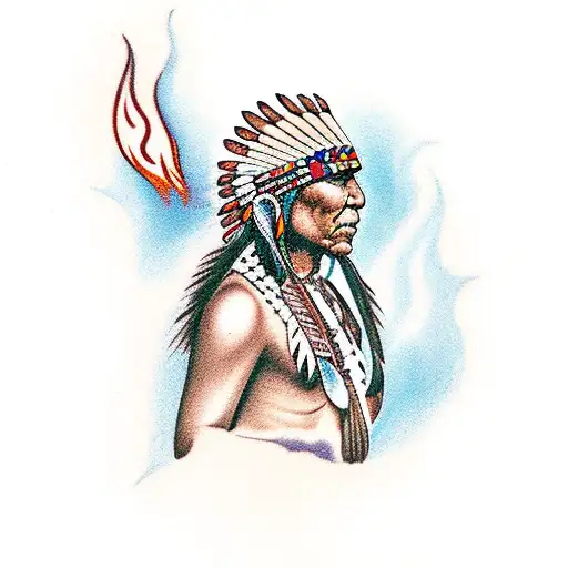 Native American With Campfire And Smoke Filling The Air