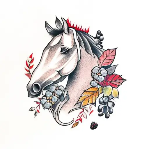 Black Horse Head With Blackberries And Autumn Leaves And Thorns