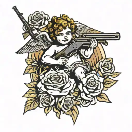 Angel Cupid Carries A Shotgun Upward Surrounded By Roses