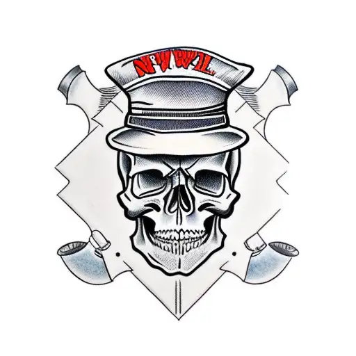 Skull With Newsboy Hat And Knife In Center Of Interest