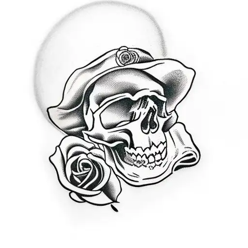 Skull Wear Newsboy Hat With Rose And Knife Raymond Pettibon Style