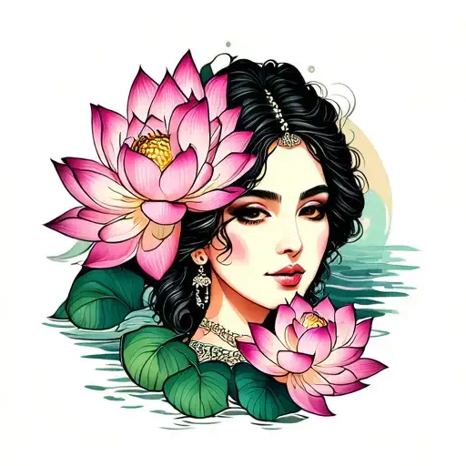 Woman Portrait With Lotus Flowers