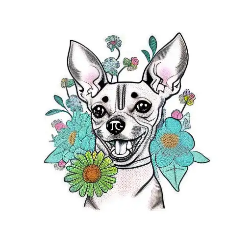 Pinscher Dog With A Happy Face And Flowers Around