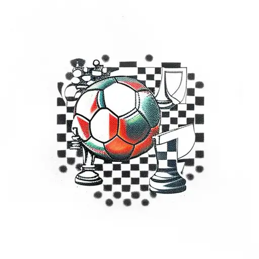 Soccer Ball And Chess Pieces Facing Off On A Checkered Field