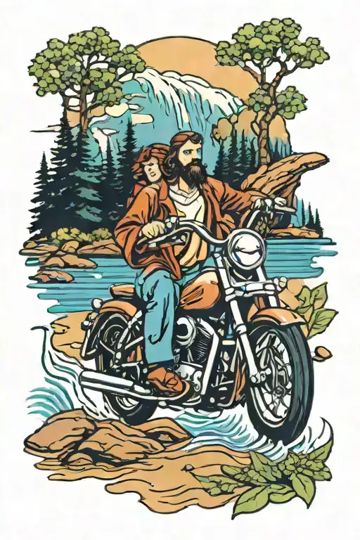 Lake Stream Waterfall Motorcycle Jesus And Mary And Child