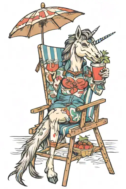 A Unicorn On A Lounge Chair On The Beach Holding A Bloody Mary
