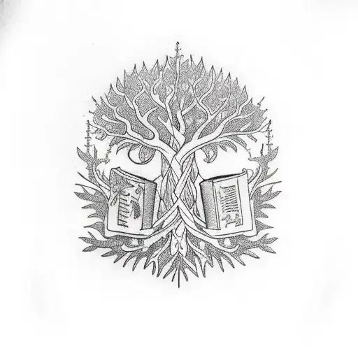A Mystical Tree With Intricate Branches Intertwined With Books And Pens