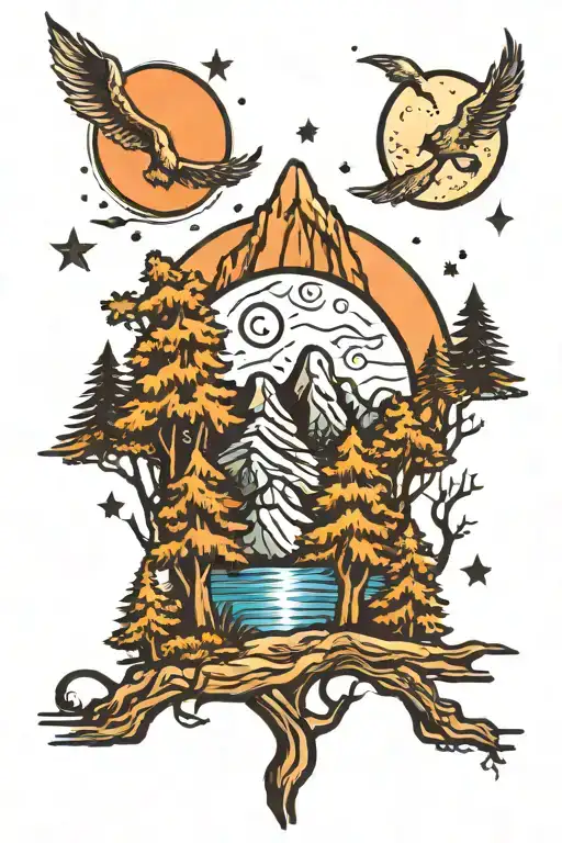 Trees And Mountain With Moon Surrounded