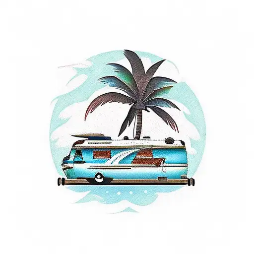 A Traditional Tattoo Showcasing A Motorhome Parked Near A Serene Beach With Palm Trees