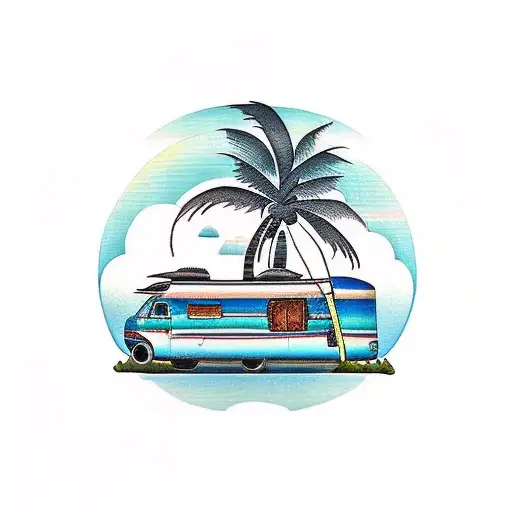 A Traditional Tattoo Showcasing A Motorhome Parked Near A Serene Beach With Palm Trees