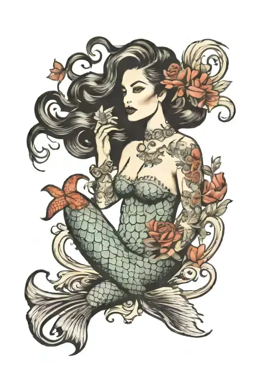 Mermaid Straight Bone Tail Voluminous Hair Tattoo Holding