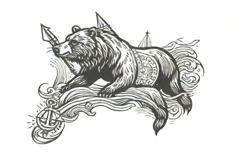 Bear Roaring In The Sea With A Compass And Anchor By The Side Of The Bear