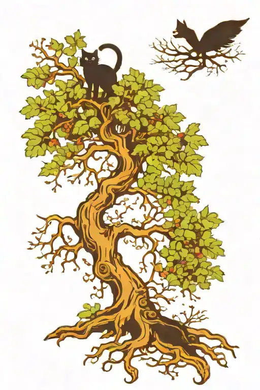 Large Tree With Roots With A Black Cat In The Roots