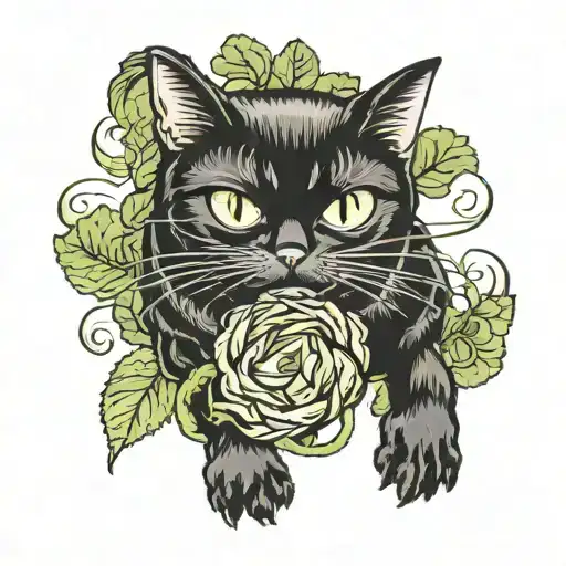 Black Cat Playing With A Small Cabbage