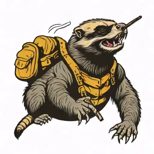A Honey Badger Smoking A Cigar In Tactical Gear Scattered