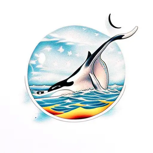 Killer Whale Tail In The Sea Under The Moon