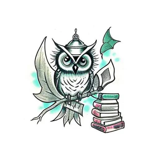 Gothic Fantasy Owl On Branch With A Lantern And Books