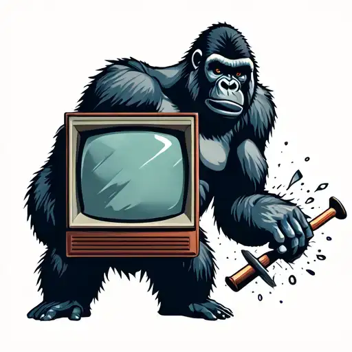 Gorilla Breaking A Crt Screen With A Flail