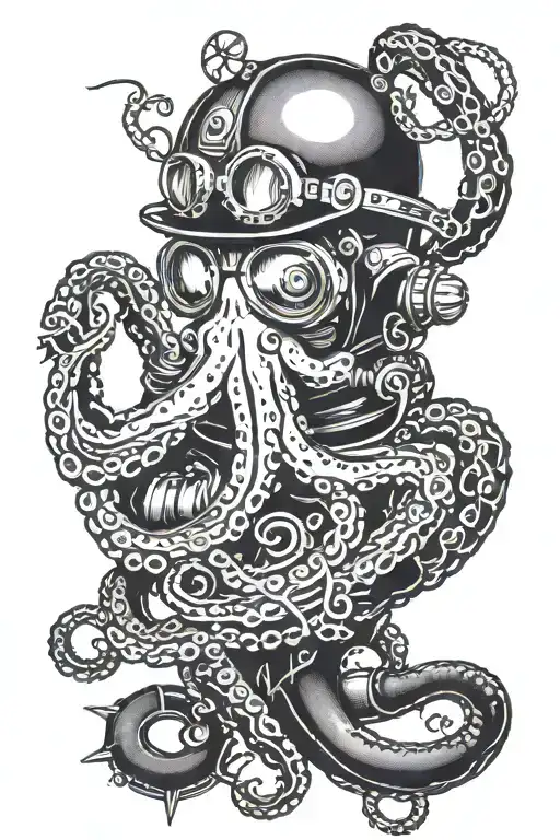 A Scuba Diving Tattoo With An Octopus And Dive Helmet