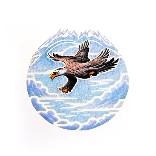 Eagle Flying Into Big Trippy Sun Hidden By Mountains