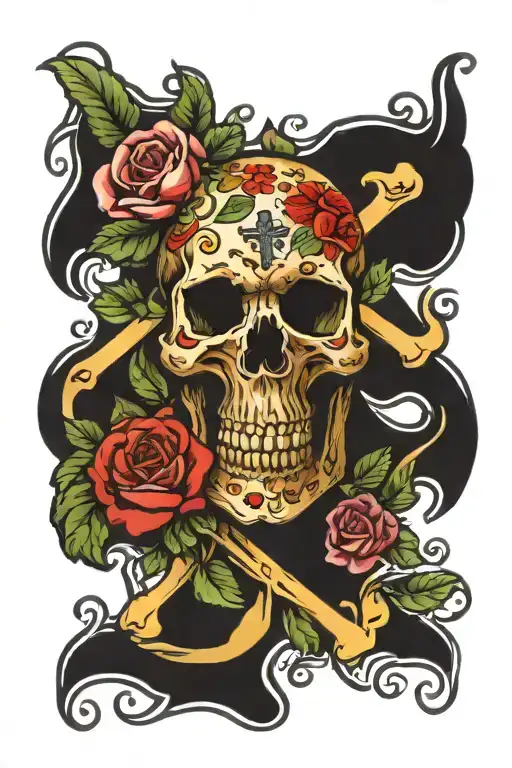 Skull Holding Cross Surrounded By Florals