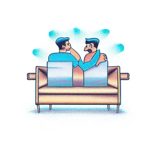 Two Guys Sitting On A Couch Watching Television Seen From The Back In A Cartoon Style