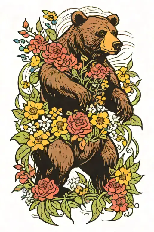 Bear Standing Within A Field Of Flowers