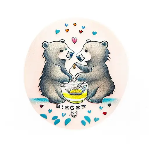 Two Bears In Love With A Jar Of Honey Under A Palm Tree