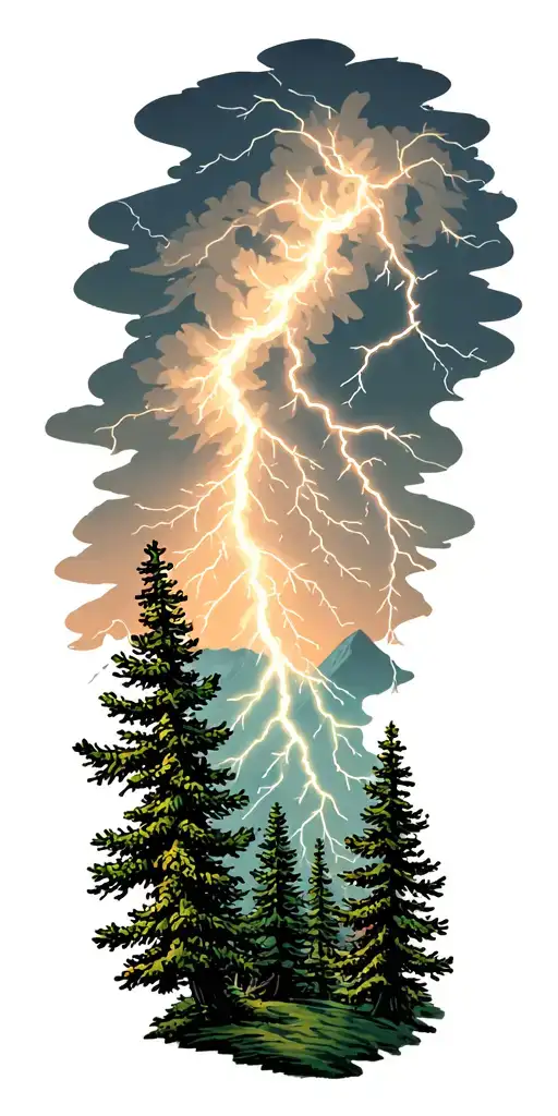 Thunderstorm With Lightning Storm Coming From Forest Of Pine Trees