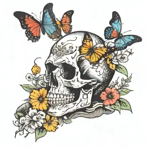 Skull With Butterflies On Beach Scene