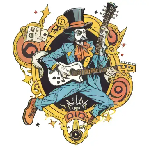A Sketch Of A Magician Playing A Guitar With Cyber Crime Symbols Floating Around Him