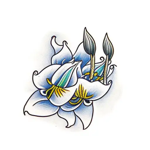 Traditionl Tattoo Of A Italian Switchblade Surrounded By Two White Lily Flowers