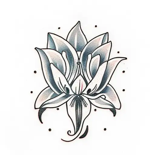 Traditionl Tattoo Of A Switchblade Surrounded By Two White Lily Flowers