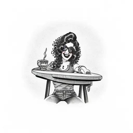 Women With Dark Curly Hair Sitting In A Table Smilling