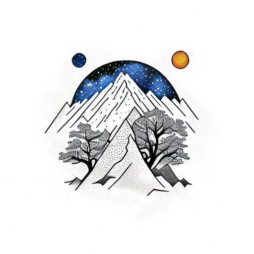 Trees With A Mountain With Space And Stars Above
