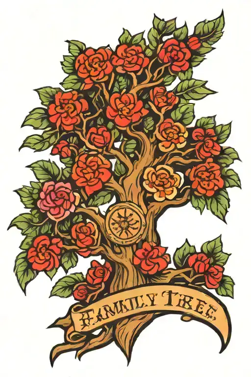A Traditional Style Tattoo Of A Family Tree With Each Branch Representing A Family Member