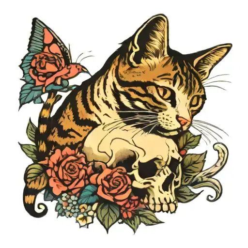 Cat Sitting On A Skull Surroundes By Flowers