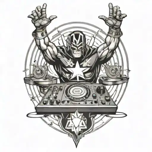 A Black-grey Tattoo Of A Marvel Superhero Djing At A Concert With A Crowd Of Fans In The Background