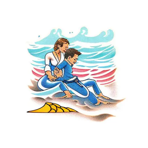 A Mother And Son Practicing Jiu-jitsu On A Beach With Ocean Waves In The Background