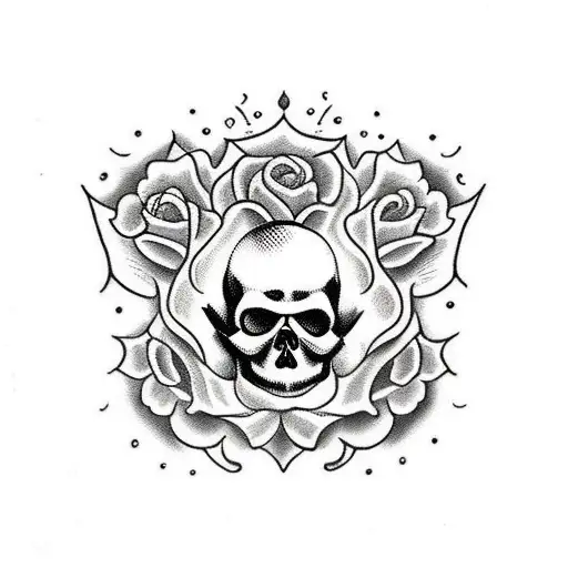 A Traditional Style Tattoo Featuring A Skull Adorned With Lilies And Roses