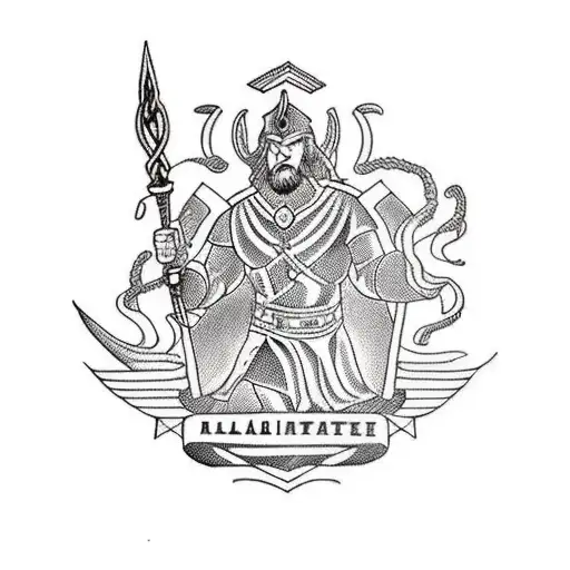 A Majestic Blackwork Tattoo Of A Norse God Wielding A Chemical Flask As A Weapon