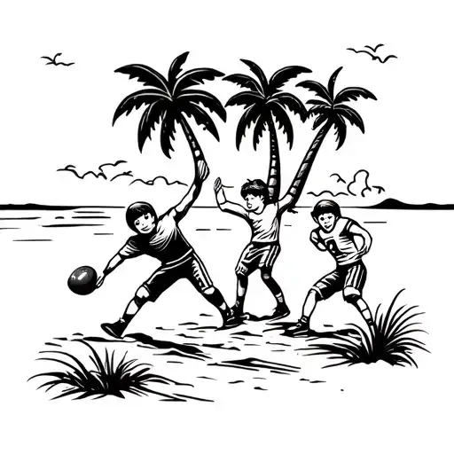 Kids Playing Football At A Beach With Palm Trees