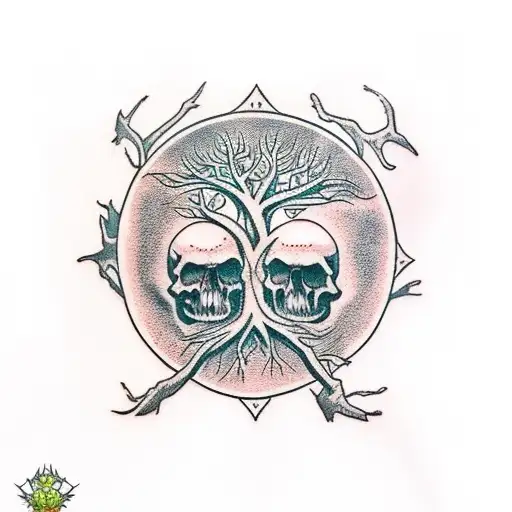 Dead Tree Of Life With No Leafs And Skulls In The Bark And Branches And Roots Of The Tree