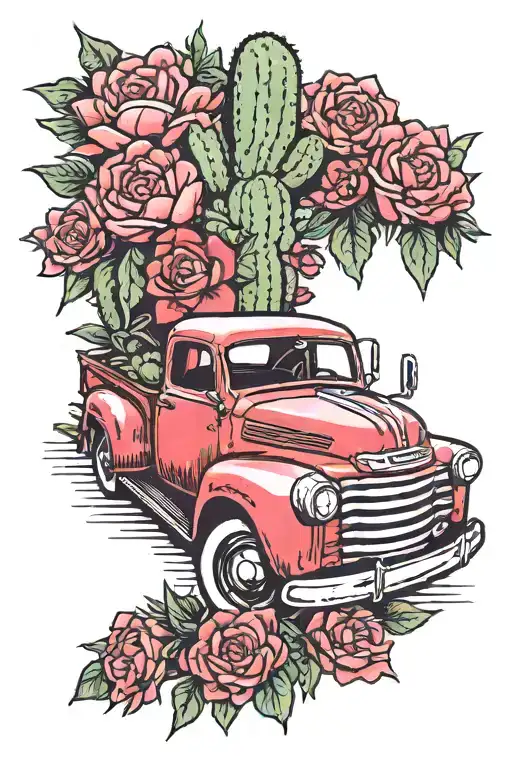 Red Pickup Truck With Cactus With Pink Flowers In The Bed