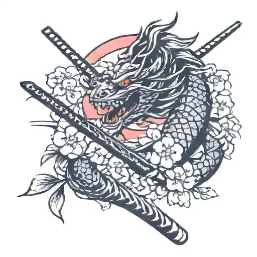 Katana With Sakura Flowers And Japanese Dragon