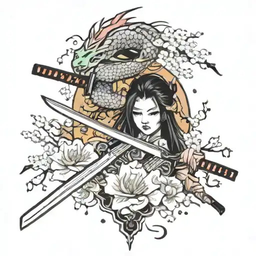 Katana With Sakura Flowers And Japanese Dragon