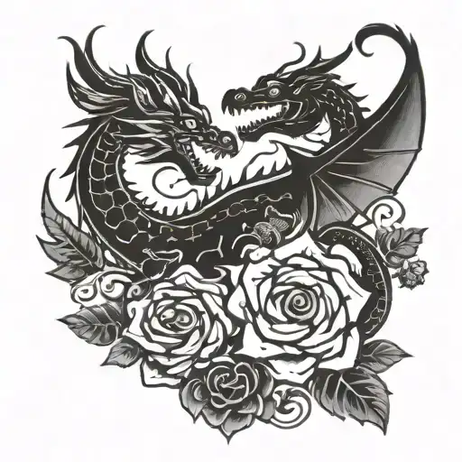 Dragon And Animal Silhouettes Intertwined With Floral Elements