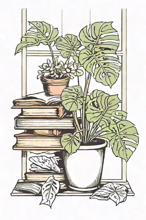 Monstera Plant And Books In Window Nostalgic Vibe Outside