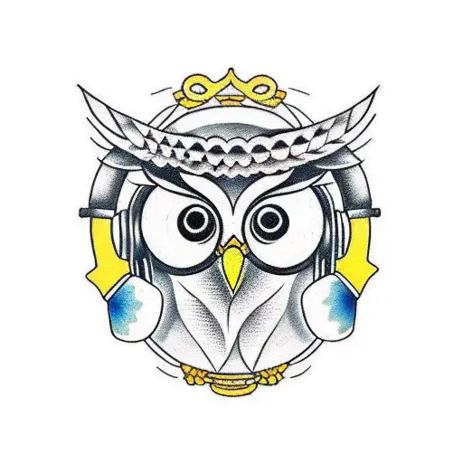 A Traditional-style Tattoo Of An Owl Wearing Headphones And Djing