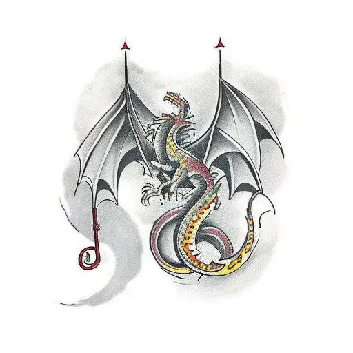 A Traditional-style Tattoo Of A Music Sheet With A Dragon Wrapping Around It